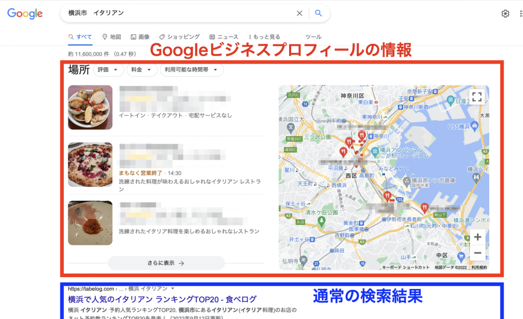 通常の検索結果よりも上に「Googleビジネスプロフィール」の情報が表示されるのでMEO対策が必要